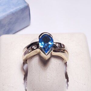 Estate 1.31ctw Natural Super Blue Topaz/Gypsy Dia 14Kt Y/G 1/2 Bezel Ring #23007